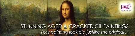 Mona Lisa oil painting shown with aged, cracked texture resembling an antique artwork.